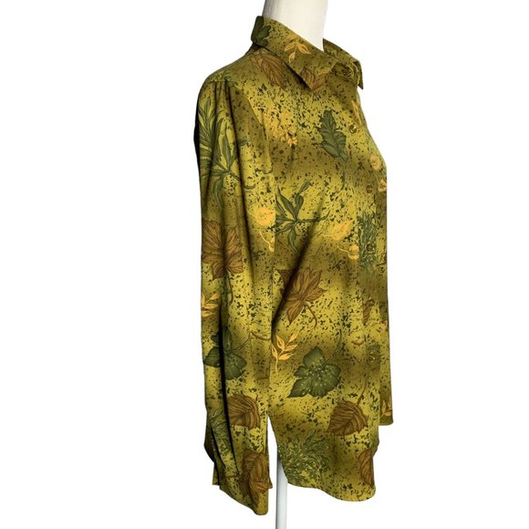 Vintage Microfiber Button Up Shirt M Green Leaves Floral Long Sleeve Collar - Picture 5 of 5
